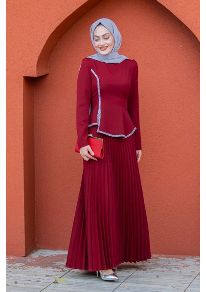 Queny Asil Bluz Etek Abiye Takım-Bordo indirimleri