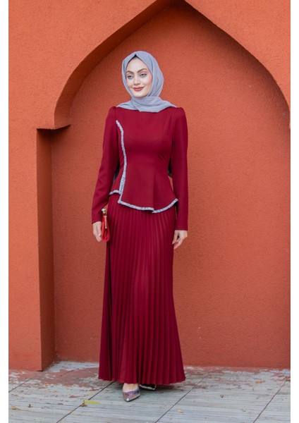 Queny Asil Bluz Etek Abiye Takım-Bordo