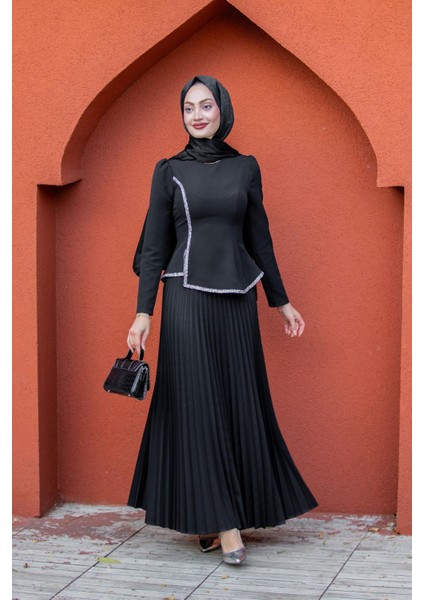Queny Asil Bluz Etek Abiye Takım-Siyah