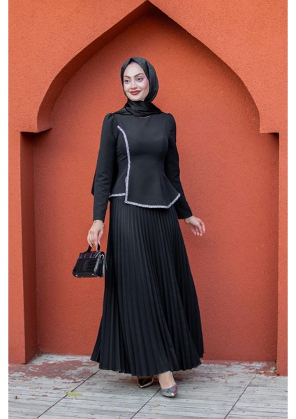 Queny Asil Bluz Etek Abiye Takım-Siyah indirimleri