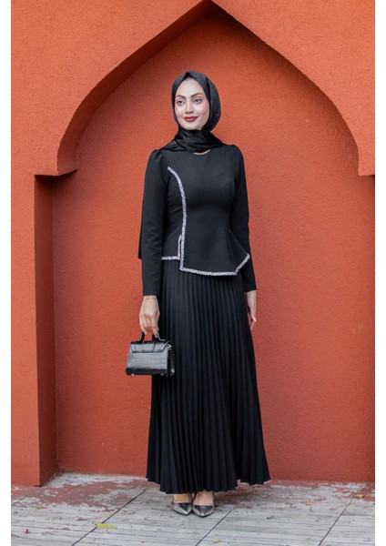 Queny Asil Bluz Etek Abiye Takım-Siyah