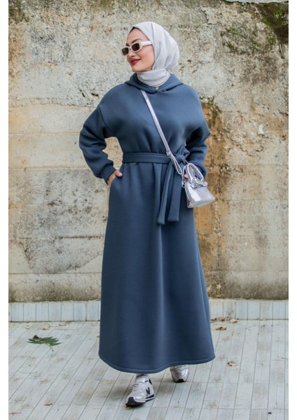 Üç Iplik Şardonlu Kapşonlu Spor Elbise-Mavi