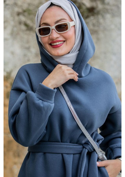 Üç Iplik Şardonlu Kapşonlu Spor Elbise-Mavi fiyatları