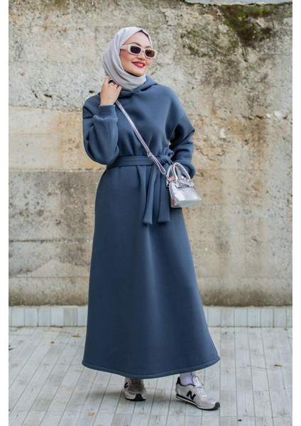 Üç Iplik Şardonlu Kapşonlu Spor Elbise-Mavi modelleri