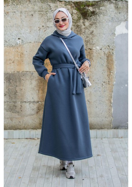 Üç Iplik Şardonlu Kapşonlu Spor Elbise-Mavi indirimleri