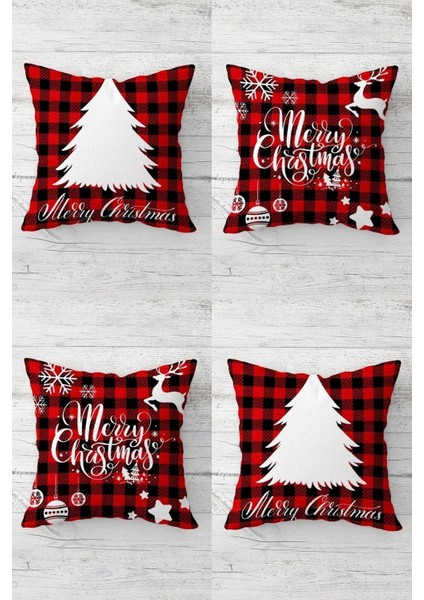 Beyaz Çam Ağacı ve Geyik Temalı Yılbaşı Kırlent Kılıfı Takımı (4'lü)