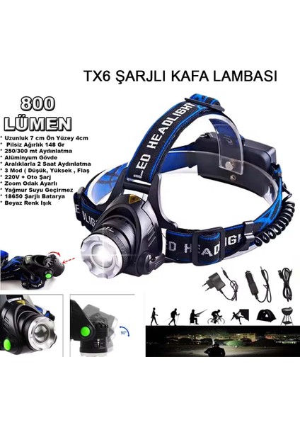Orjinal 800 Lümen Tx6 Şarjlı Zoomlu Kafa Feneri WT-120