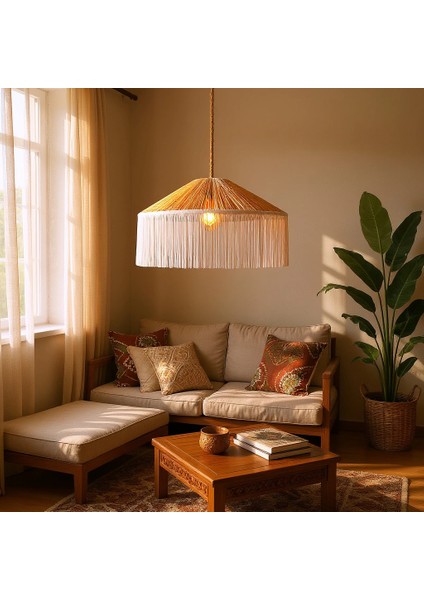 Japon Şapkası Rafya Beyaz Püsküllü Avize Çap 50