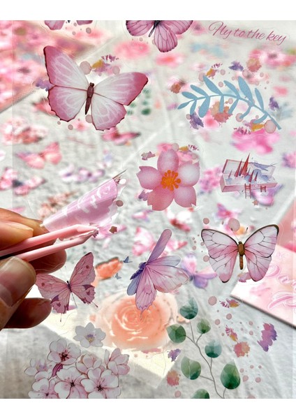 Pembe Rüya Kelebek & Çiçek Sticker Seti 4 Yaprak Sticker Set/etiket/çıkartma/bullet Journal modelleri