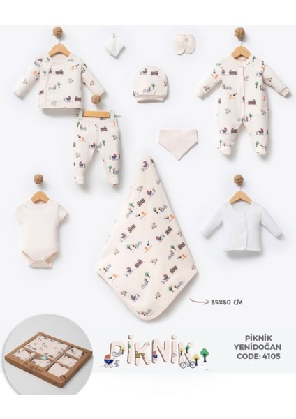 %100 Organik Pamuk Piknik Baskılı 10 Parça Kutulu Unısex Bebek Hastane Çıkış Seti
