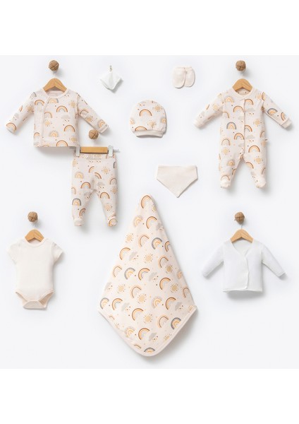 %100 0rganik Pamuk Gökkuşağı Baskılı Kutulu 10 Parça Unisex Bebek Hastane Çıkış Seti fırsatları