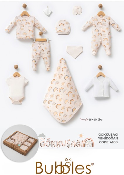 %100 0rganik Pamuk Gökkuşağı Baskılı Kutulu 10 Parça Unisex Bebek Hastane Çıkış Seti indirimleri