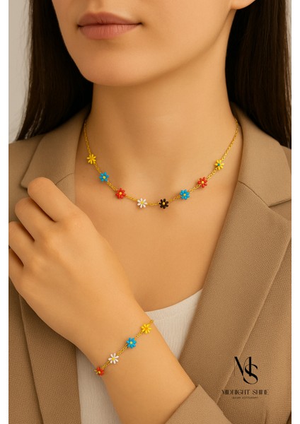 🌼 Renkli Çiçek Bahçesi Kolye & Bileklik Seti – 18 Ayar Altın Kaplama Paslanmaz Çelik