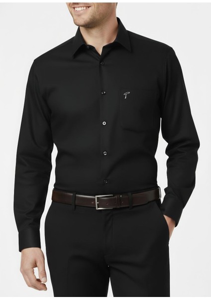 Klasik Fit Geniş Kesim Tek Cepli Kolay Ütülenebilen Mevsimlik Uzun Kollu Düz Renk Erkek Gömlek
