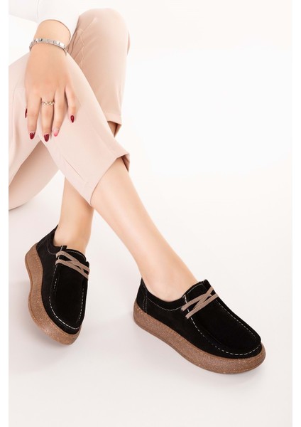 Hakiki Deri Günlük Rahat Lastik Bağcıklı Casual Ayakkabı IN.610 - Siyah Süet - 36 Siyah Süet