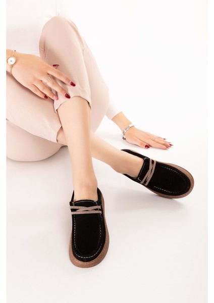 Hakiki Deri Günlük Rahat Lastik Bağcıklı Casual Ayakkabı IN.610 - Siyah Süet - 36 Siyah Süet indirimleri