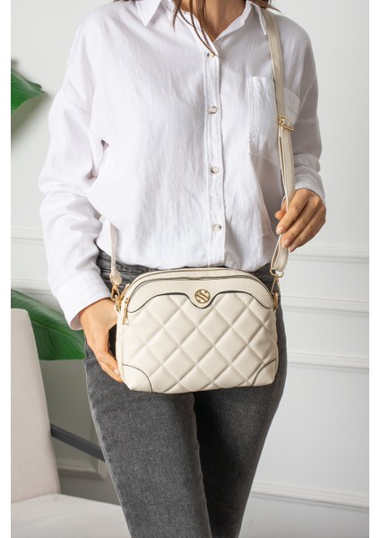 1267, Çapraz ve Ayarlanabilir Askılı, Kapitone Kumaş, Krem Rengi Çanta modelleri