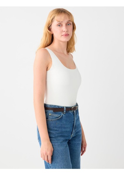 Kırık Beyaz Dar Kesim Örme U Yaka Atlet fırsatları