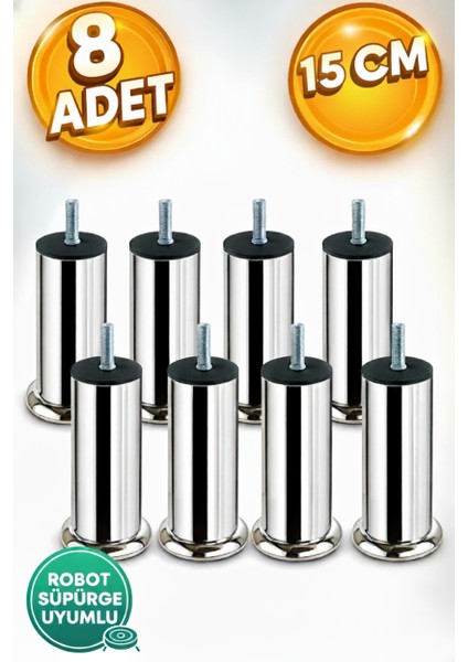 Baza Koltuk Kanepe Mobilya Ayağı Ince Diş Metrik 8mm Krom Metal Ayakları 15CM 8 Adet
