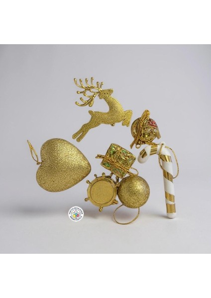 Yılbaşı Süs Seti 7 Parça Gold: Kalp, Geyik, Baston, Şeker, Top, Davul, Hediye Kutusu modelleri