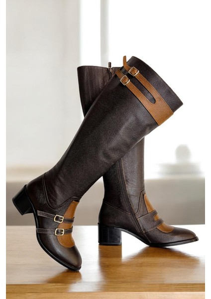 Kahve Hakiki Deri Toka Detay Fermuarlı Çizme