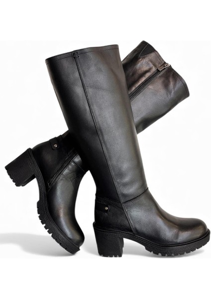 Siyah Hakiki Deri Fermuarlı Çizme
