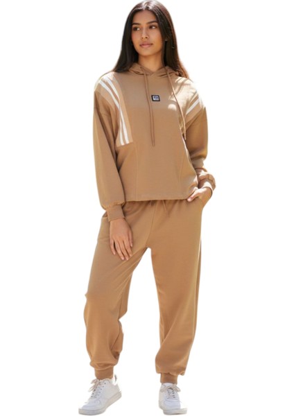 Kız Çocuk Çizgi Şerit Detaylı Kapüşonlu Jogger Model Açık Kahverengi Renk Eşofman Takımı