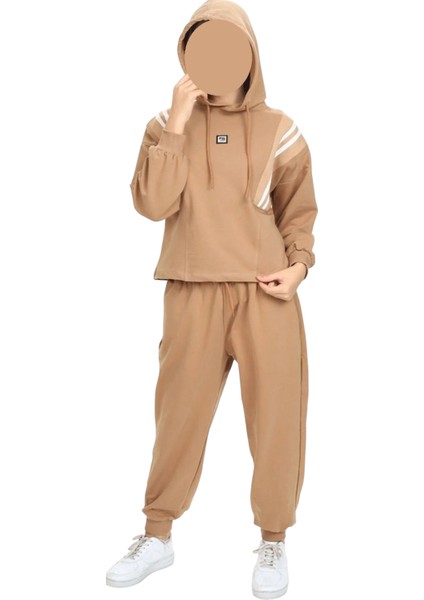 Kız Çocuk Çizgi Şerit Detaylı Kapüşonlu Jogger Model Açık Kahverengi Renk Eşofman Takımı fiyatları