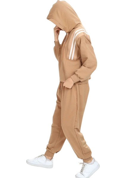 Kız Çocuk Çizgi Şerit Detaylı Kapüşonlu Jogger Model Açık Kahverengi Renk Eşofman Takımı indirimleri