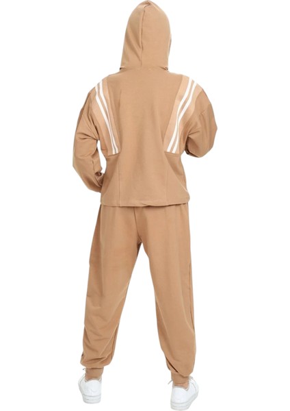 Kız Çocuk Çizgi Şerit Detaylı Kapüşonlu Jogger Model Açık Kahverengi Renk Eşofman Takımı