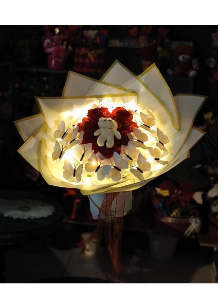 Kelebek & Gül & Ayıcık Buketi Işıklı Harika Tasarım Sevdiklerinize Özel Gün Hediyesi