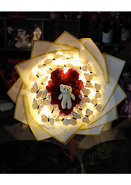 Kelebek & Gül & Ayıcık Buketi Işıklı Harika Tasarım Sevdiklerinize Özel Gün Hediyesi modelleri