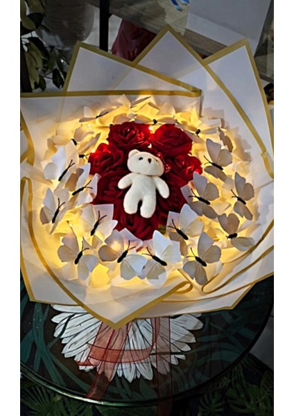 Kelebek & Gül & Ayıcık Buketi Işıklı Harika Tasarım Sevdiklerinize Özel Gün Hediyesi fiyatları