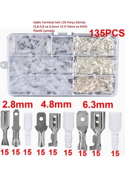Hatfon Kablo Terminal Seti 135 Parça Gümüş (2,8-4,8 ve 6,3mm 15 Li Takım ve Kılıfı) Plastik Çantada