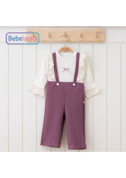 Kız Çocuk Mürdüm Fitilli Örme Fırfırlı Tulum Salopet 2'li Takım 831668