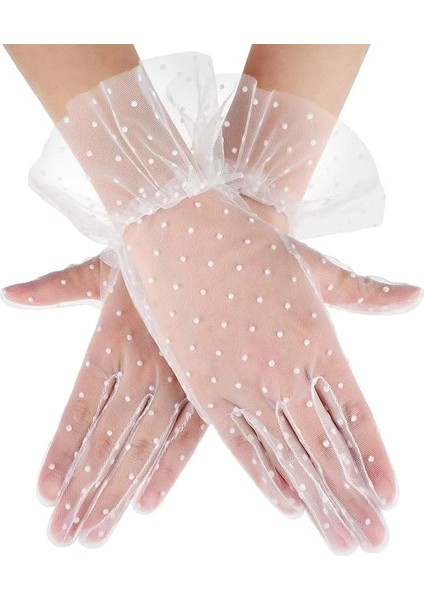 Kısa Boy Güpürlü Beyaz Puantiyeli Tül Eldiven Beyaz Renk indirimleri