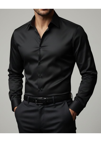 Dar Kesim Slimfit Saten Mevsimlik Cepsiz Uzun Kollu Kol Düğmesi Takılabilen Erkek Gömlek