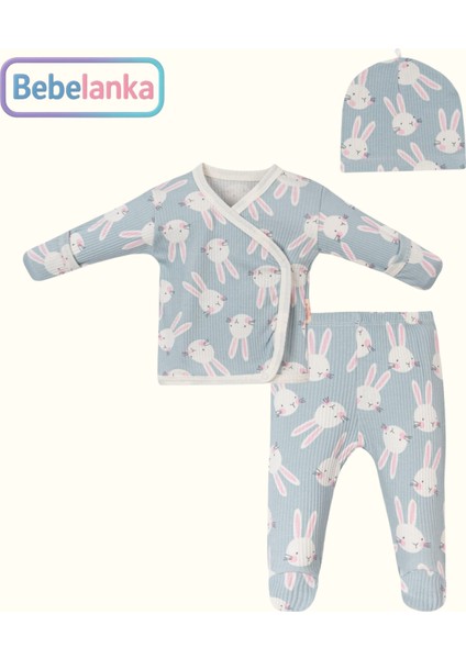 Kız Bebek %100 Pamuk Mint Tavşan Desenli Patikli Çıtçıtlı Zıbın Şapka 3'lü Takım 906065