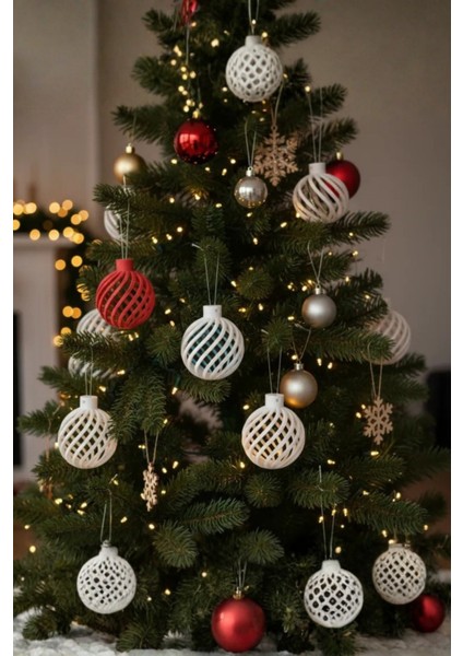 3'lü Örgü Desenli Yılbaşı Ağacı Süsü, 3D Tasarım, Kırmızı/beyaz/kahverengi, Dekoratif