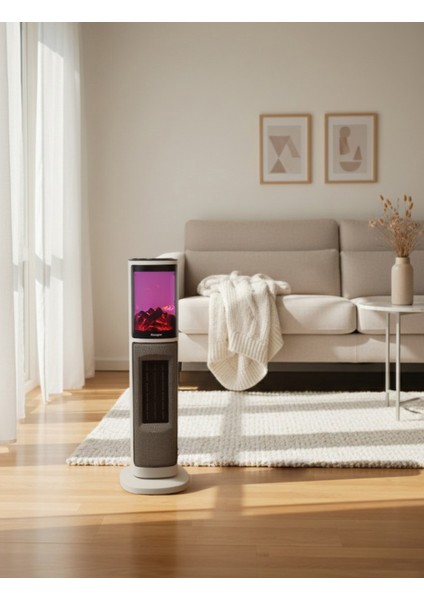 German OBEN White Series Seramik Kule Tipi Fanlı Isıtıcı Dijital Ekran Şömine Efektli Uzaktan Kumandalı