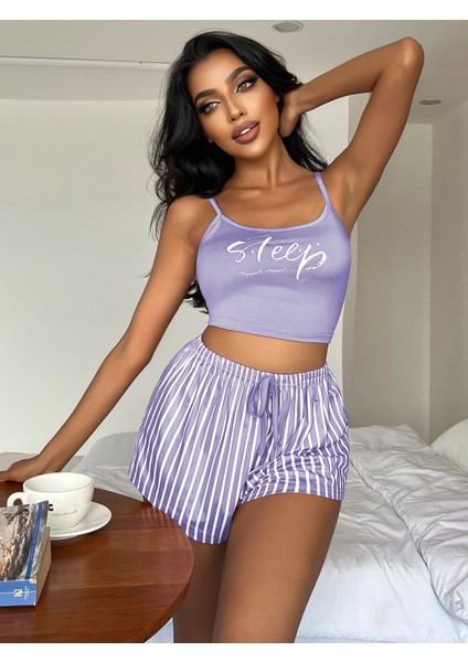 Kadın Askılı Crop & Çizgili Şort Pijama Takımı – “sleep” Baskılı