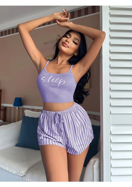 Kadın Askılı Crop & Çizgili Şort Pijama Takımı – “sleep” Baskılı fiyatları