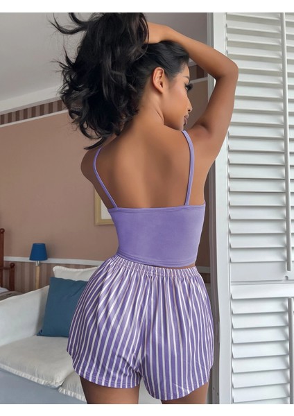 Kadın Askılı Crop & Çizgili Şort Pijama Takımı – “sleep” Baskılı modelleri