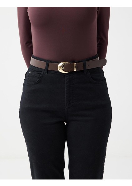 Acı Kahve Parlak Metal Tokalı Deri Görünümlü Kemer