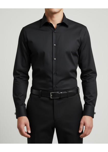 Dar Kesim Slimfit Düz Renk Mevsimlik Cepsiz Uzun Kollu Kol Düğmesi Takılabilen Erkek Gömlek