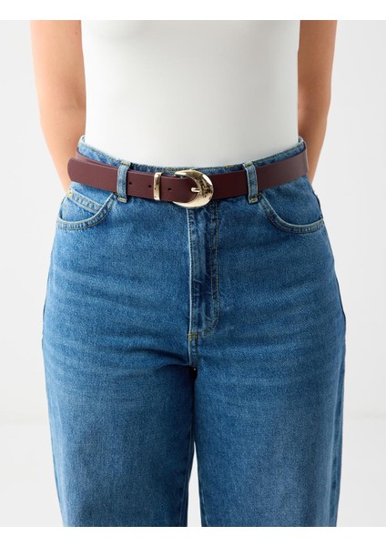 Bordo Deri Görünümlü Parlak Metal Tokalı Kemer