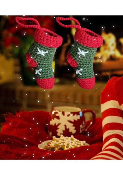 Kırmızı 8 cm Örgü Süsler, 2 Adet, Şömine ve Ağaç Dekoru, Yılbaşı Teması