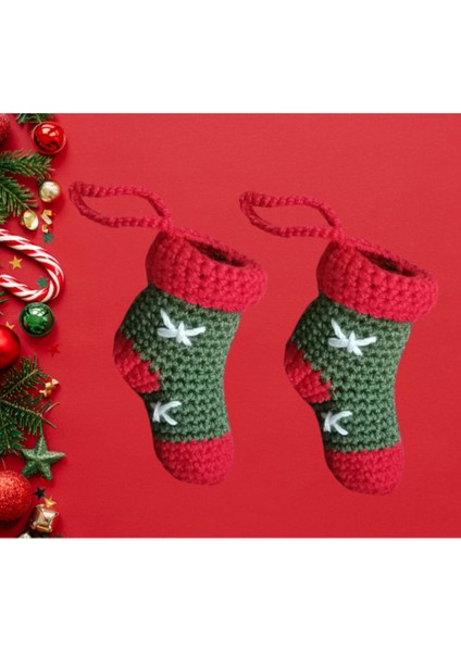 Kırmızı 8 cm Örgü Süsler, 2 Adet, Şömine ve Ağaç Dekoru, Yılbaşı Teması