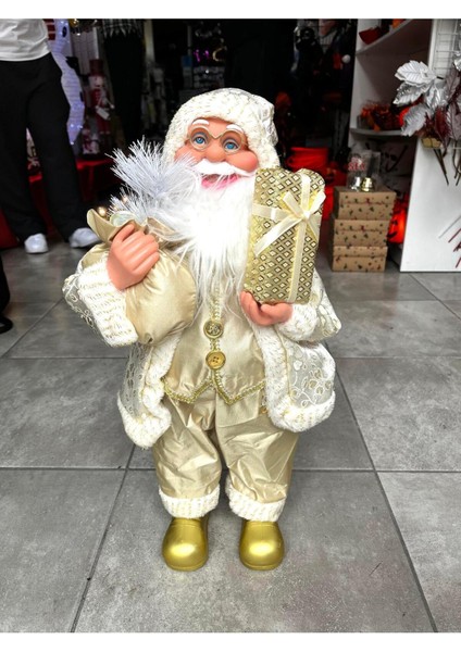 Yılbaşı Gold Krem Noel Baba Figür Biblo 62 Cm, Şık ve Dekoratif Yılbaşı Süsü