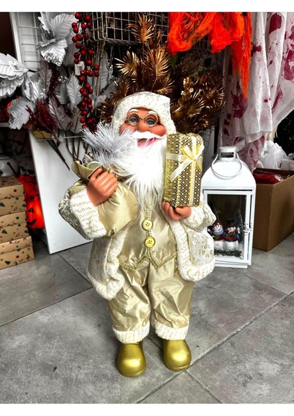 Yılbaşı Gold Krem Noel Baba Figür Biblo 62 Cm, Şık ve Dekoratif Yılbaşı Süsü